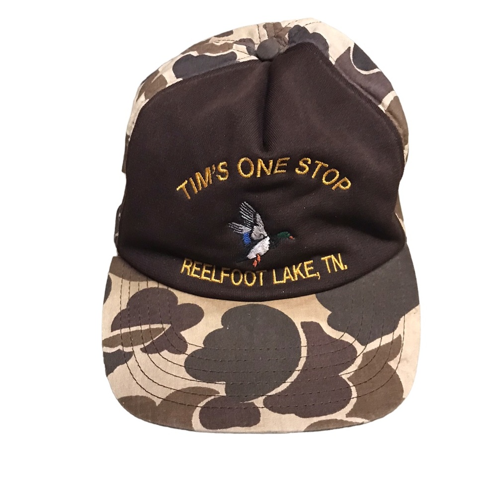 Vintage Made in USA Tim’s One Stop Reelfoot Lake Tennessee Duck Camo Hat GUC